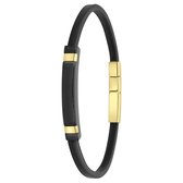 Lucardi Heren Goldplated armband plaat zwart - Leer - Armband - Cadeau - 21 cm - Goudkleurig