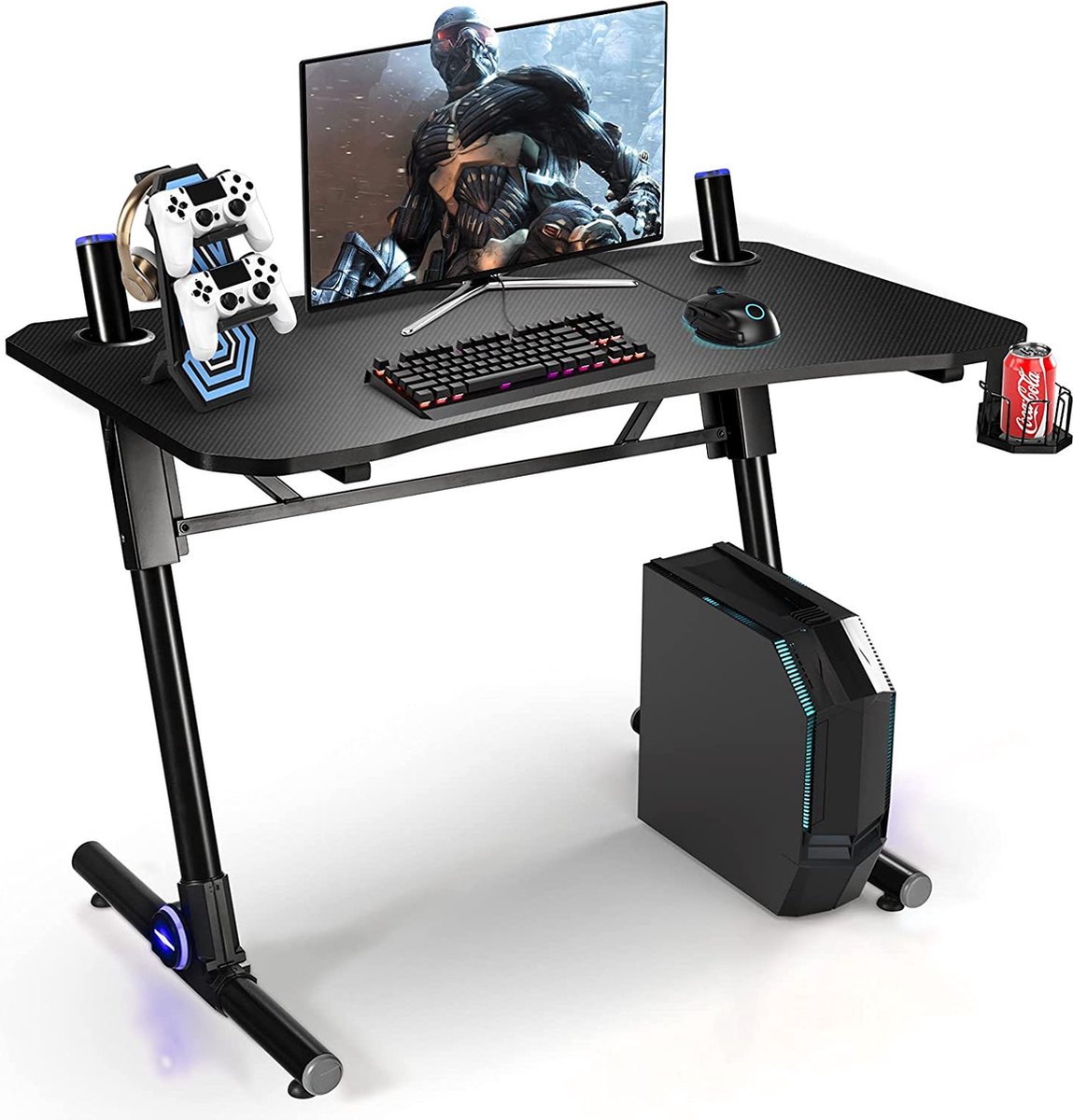 LUXGOODS Gaming bureau, in hoogte verstelbaar PC computertafel met blauwe LED-verlichting, gaming handvat rek & bekerhouder, Z-vormige ergonomische thuis kantoor gamingtafel met koolstofvezel textuur