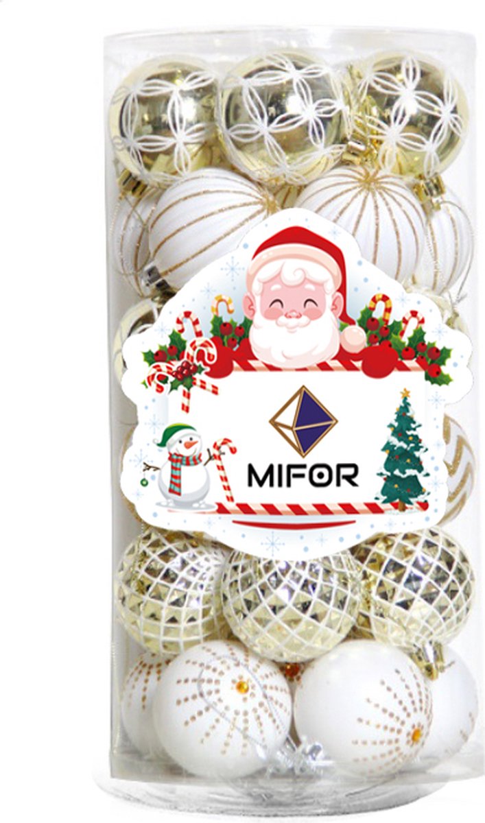 MIFOR® - Luxe set 30 stuks Gouden & Witte Kerstballen met verschillende opdruk - Ø6 cm - 6 soorten