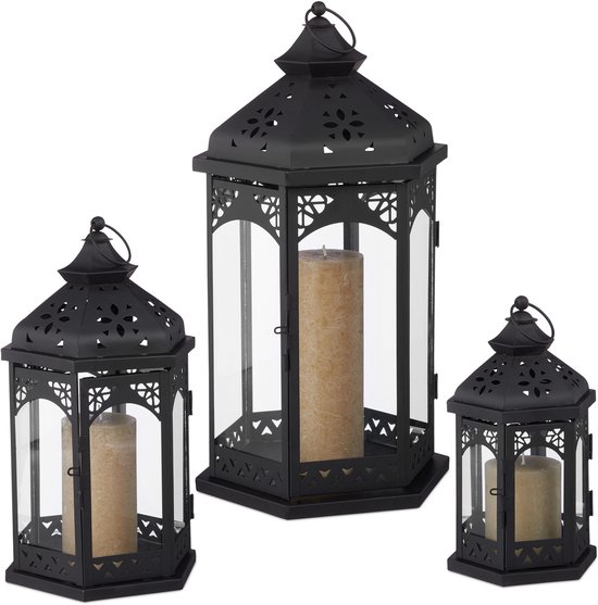 lantaarn - 3 stuks - metaal - binnen en buiten - 3 groottes - vintage windlicht - voor kaarsen - zwart