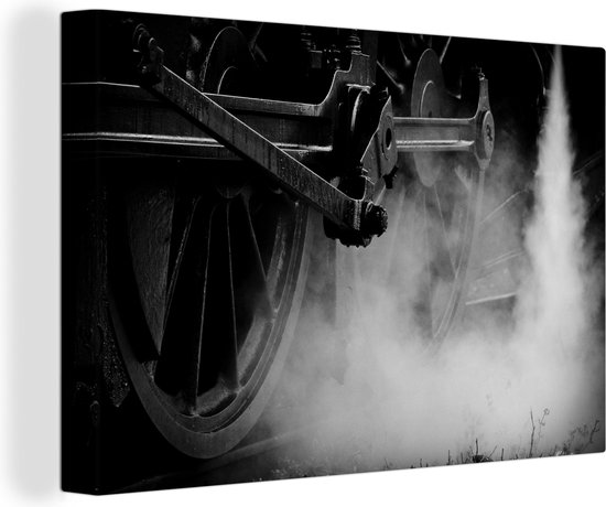 Canvas schilderij 180x120 cm - Wanddecoratie De wielen van een stoomlocomotief in zwart-wit - Muurdecoratie woonkamer - Slaapkamer decoratie - Kamer accessoires - Schilderijen