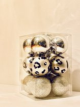 Kerstballen Zilver-Tijgerprint-Glanzend-Glitter-Mat met Dierenprint - 12 stuks
