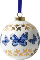 Heinen Delfts Blauw | Porseleinen kerstbal met delfts blauwe vlinders | Kersthanger | 8 cm doorsnee