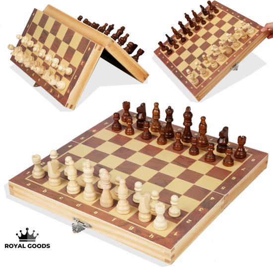 Gezelschapsspel: ROYAL GOODS Internationaal schaakbord - Schaken - Schaakspel - Schaakset - Houten schaakbord met schaakstukken - Chess board - Chess - Chess set, uitgegeven door ROYAL GOODS
