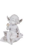 Angel - Ange assis en polyrésine avec perle sur fleur. - environ 9,5 x 12 cm