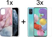 Samsung A51 Hoesje - Samsung Galaxy A51 Hoesje Marmer Roze/Blauw Siliconen Case - 3x Samsung A51 Screenprotector