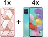 Samsung A51 Hoesje - Samsung Galaxy A51 Hoesje Marmer Roze Driehoek Print Siliconen Case - 4x Samsung A51 Screenprotector