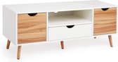 FURNIBELLA - tv-meubel, tv-bord met 2 planken, 1 lade, 1 plank, Scandinavische stijl voor je woonkamer, slaapkamer, 110 x 40 x 45 cm, wit en eiken