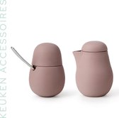 Design porseleinen melk - & suiker kannetjes, taupe/paars, inclusief lepel