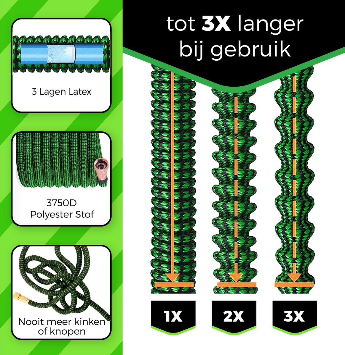 MD-Goods ® Super Sterk Uitrekbare Tuinslang tot 22.5 Meter + GRATIS tas en koppelstuk - Tuinsproeier - Tuin Besproeien - Waterslang - Sproeikop - Groen - Flexibel Elastisch thumbnail 4