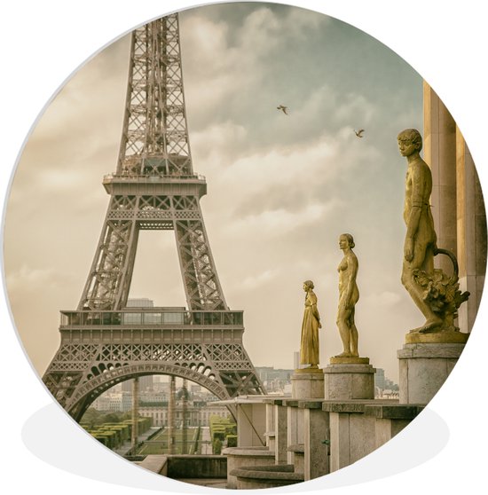WallCircle - Wandcirkel ⌀ 60 - De Eiffeltoren en de mooie beelden van het Palais de Chaillot - Ronde schilderijen woonkamer - Wandbord rond - Muurdecoratie cirkel - Kamer decoratie binnen - Wanddecoratie muurcirkel - Woonaccessoires