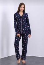 Satijn Dames 2- Delige -Pyjama- Luxe Pyjamaset- Nachtkleding Zwart Met Flamingo Print Maat XL