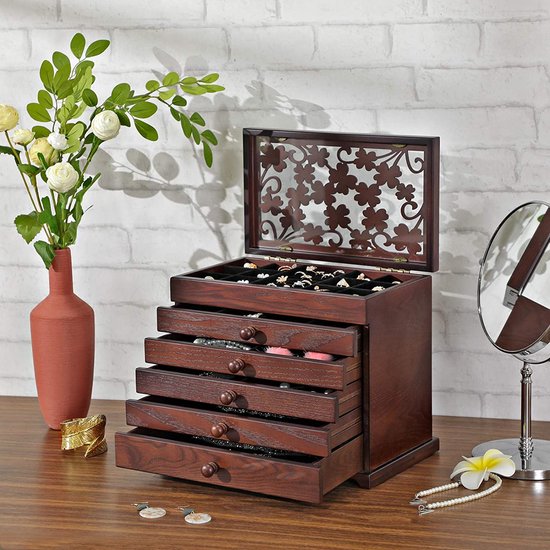 Boîte de rangement en bois 6 couches avec miroir, boîte à bijoux