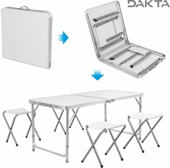 Dakta® Campingtafel | Incl. 4 krukjes / stoeltjes | Inklapbaar | Picknicktafel | Aluminium | Vouwtafel | Wit & Zilver