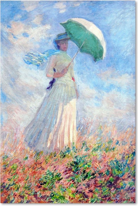 Trend24 - Canvas Schilderij - Reproductie Schilderij door C. Monet - Vrouw Met Een Paraplu Draaide Zich Naar Rechts - Schilderijen - Reproducties - 40x60x2 cm - Groen