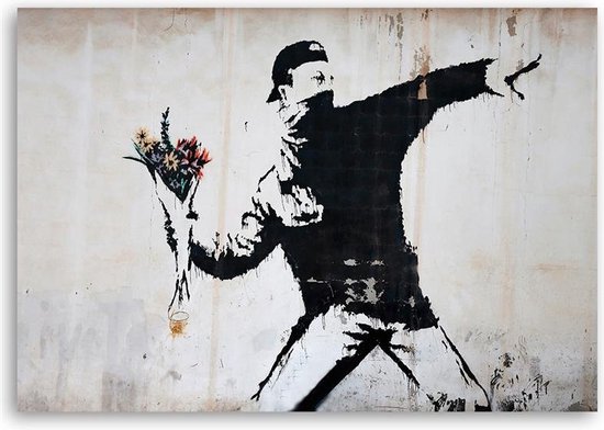 Trend24 - Canvas Schilderij - Straatmilitant Banksy Street Art - Schilderijen - Reproducties - 100x70x2 cm - Zwart
