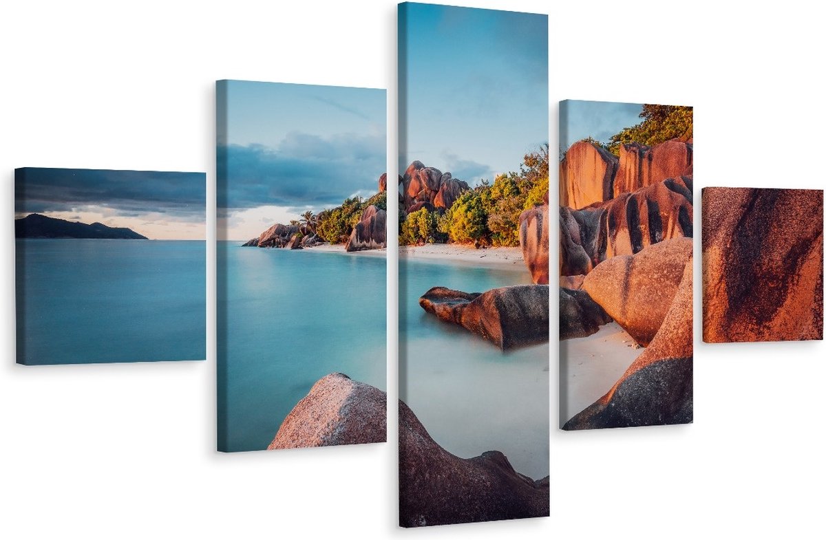 karo-art Schilderij - Strand Seychellen, 5 luik, Premium Print Multikleur