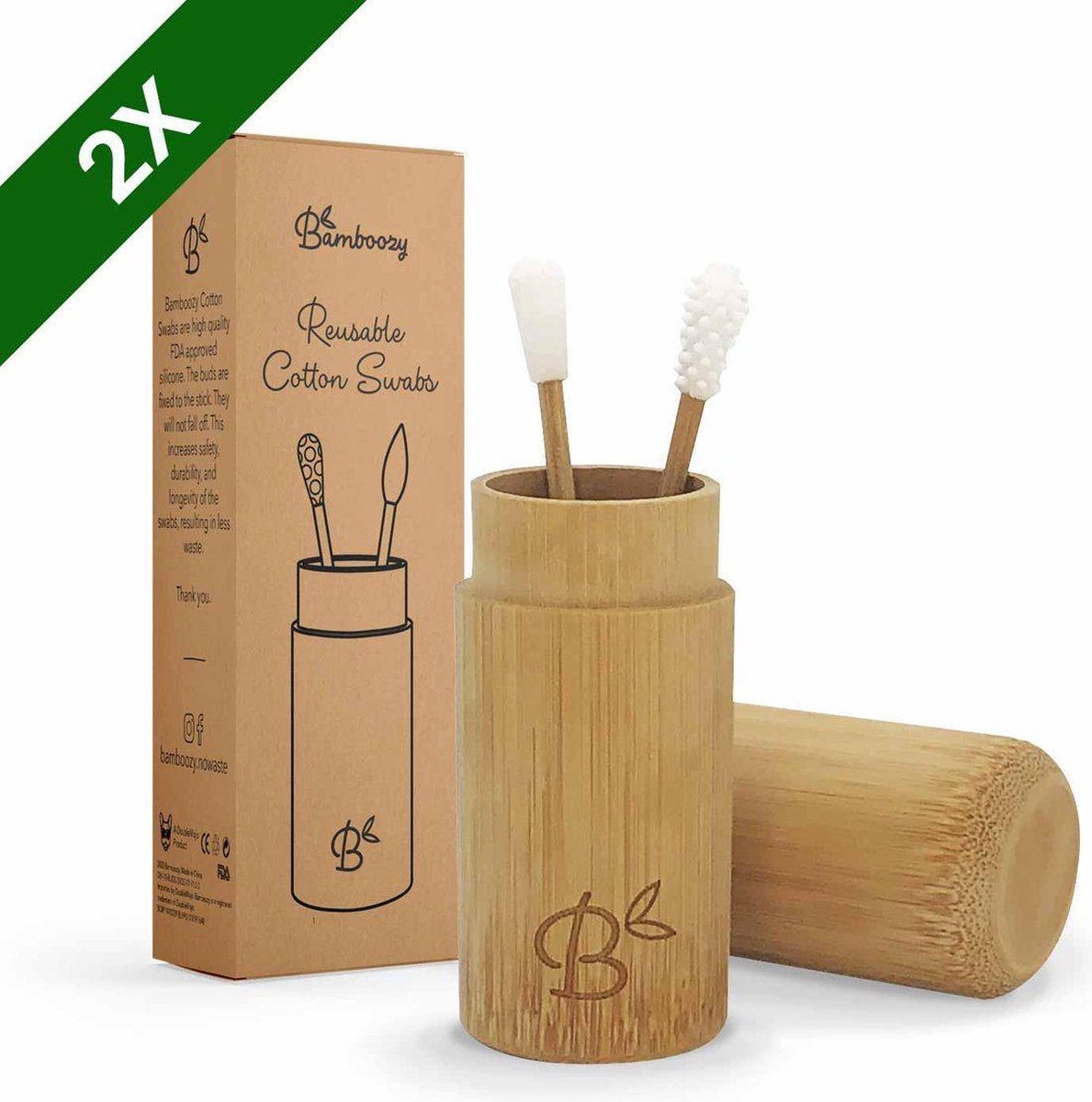 Goedkoopste Bamboozy 2x Herbruikbare Wattenstaafjes Bamboe met Bamboehouder Wasbare Oorstaafjes Oorstokjes Zero Waste Plastic vrij