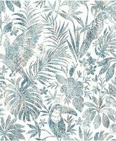 Escapade toucan / perroquet blw / animaux gris (papier peint intissé, bleu)