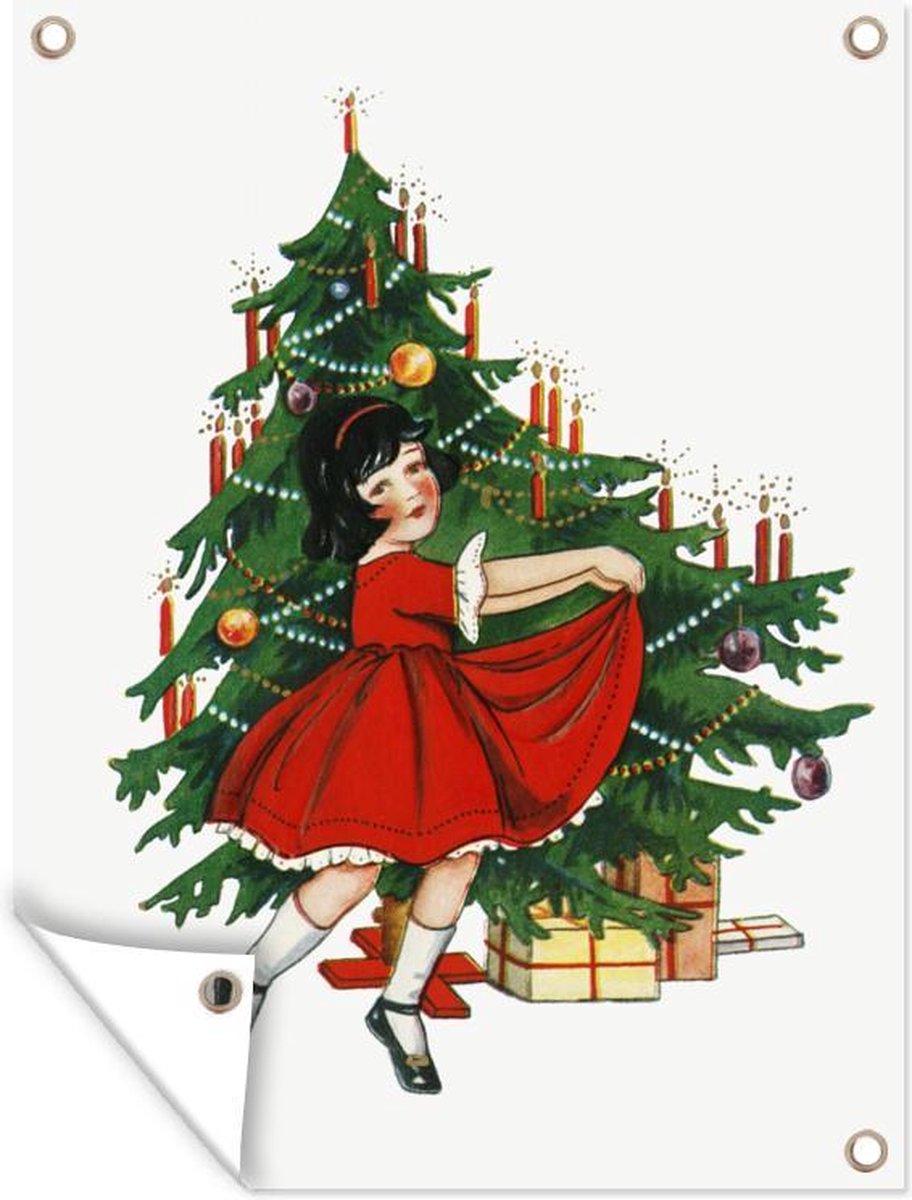 Muurdecoratie buiten Kerstboom met Kerstballen op 120x160 cm Tuindoek.