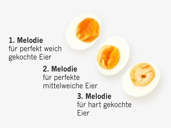 Drie gekookte eieren, elk met een andere gaarheid, naast tekst over melodieën.