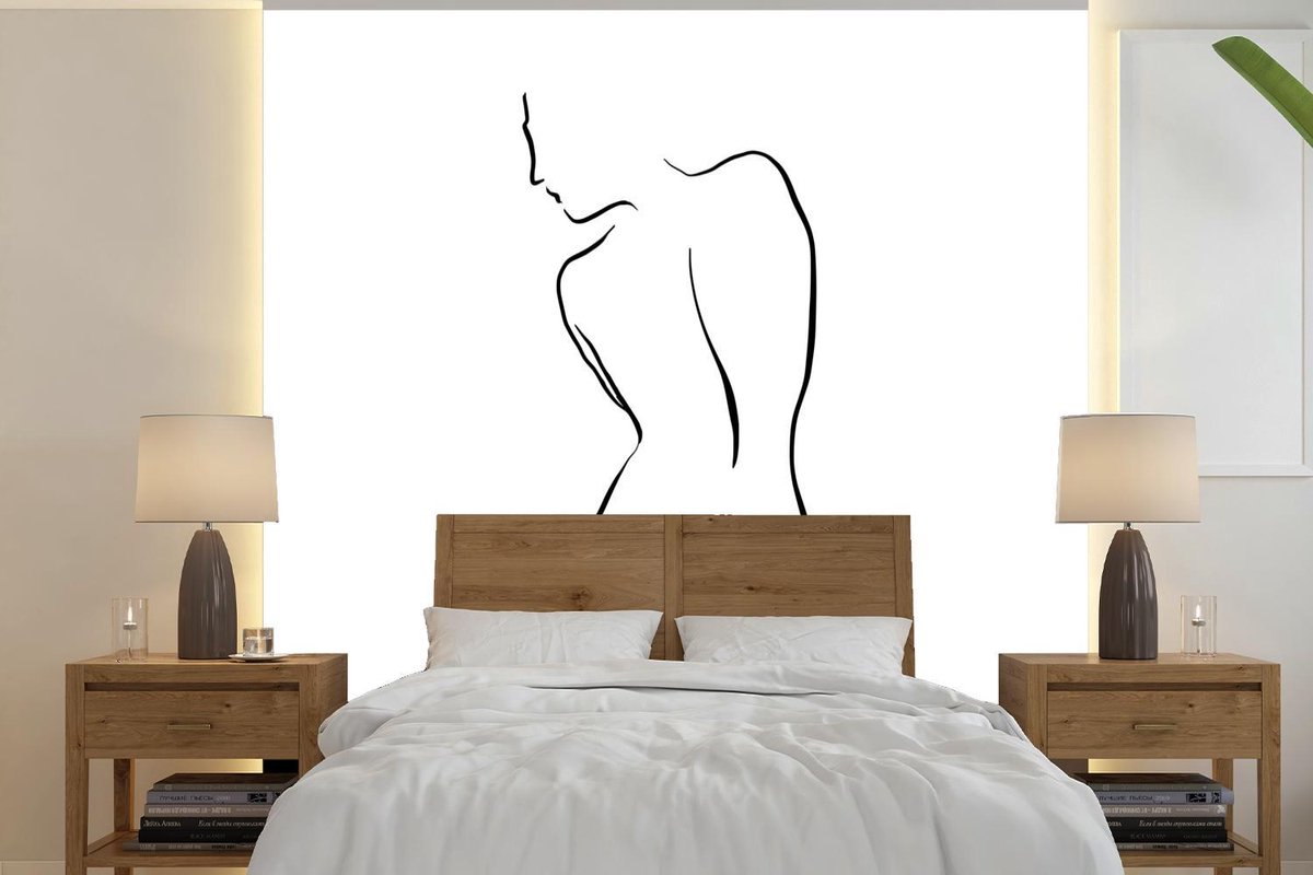 Behang - Fotobehang Line art naakte vrouw kijkt neer vierkant - Breedte 280 cm x hoogte 280 cm