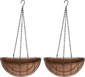 3x stuks metalen hanging baskets / plantenbakken halfrond zwart met ketting 37 cm inclusief kokosinlegvel - Hangende bloemen