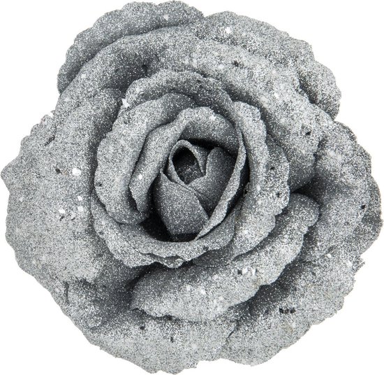 1x stuks decoratie bloemen roos zilver glitter op clip 18 cm - Decoratiebloemen/kerstboomversiering/kerstversiering