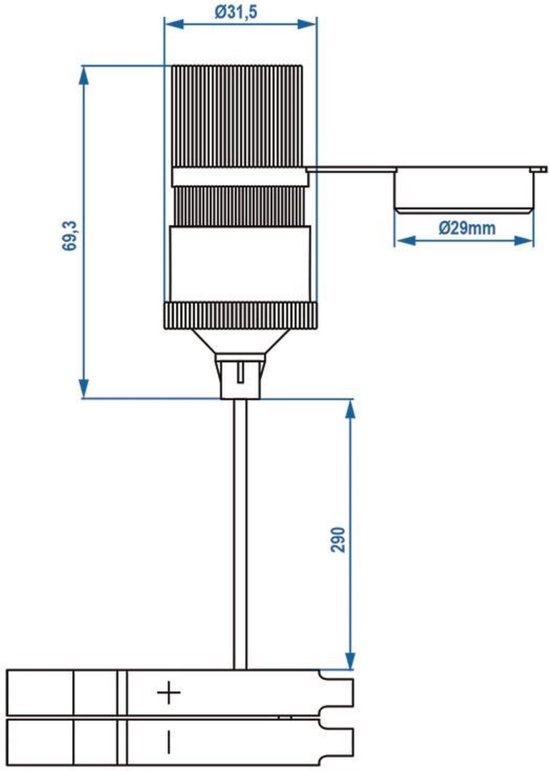 Technische tekening van een sigarettenaansteker met afmetingen.