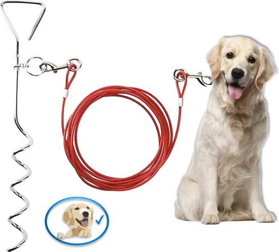 Hondenlijn inclusief Grondpen - Aanlegspiraal – Grondpin - 4,5 meter - Aanlegkabel - Hondenkabel - Grondpen 40 Cm - Rood - ijzer