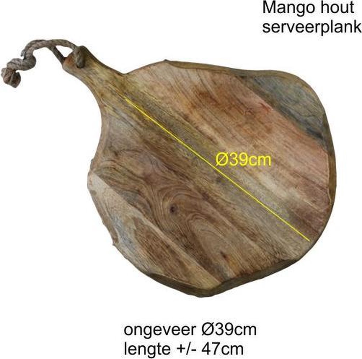 Serveerplank hout rond Ø39cm / 47cm lengte- Tapasplank mango hout met stoer touw - Borrelplank rond - hapjesplank