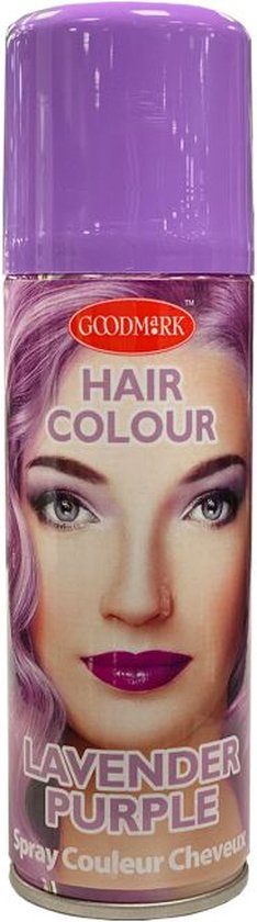 Goodmark haarkleur spray in lavendelpaars met afbeelding van vrouw met paars haar en paarse lippen.