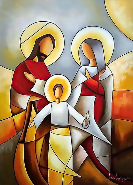 Allernieuwste Canvas Jozef, Maria en Jezus - Modern Abstract - Christelijke Bijbel Kunst - kleur - 50 x 70 cm