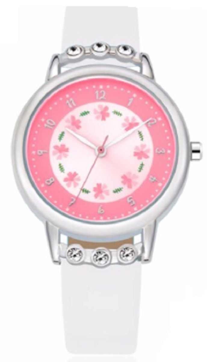 Wit Horloge - meisjes- meiden - met schitterende steentjes - 30 mm - I-deLuxe verpakking