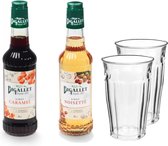 Bigallet thuiswerkpakket caramel, hazelnoot koffiesiroop + 2 glazen - 2 x 35cl
