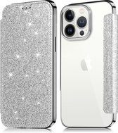 Geschikt voor Apple iPhone 13 Pro Max Flip hoesje - Zilver - Folio Glitter