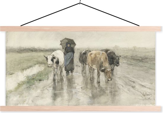 Posterhanger incl. Poster - Schoolplaat - Een boerin met koeien op een landweg in de regen - Schilderij van Anton Mauve - 150x75 cm - Blanke latten