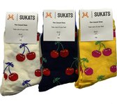 Sukats® The Casual Ones - 3 Paar - Maat 36-41 - Dames - Kersen - Happy Fun Colorful Socks - Vrolijke Sokken