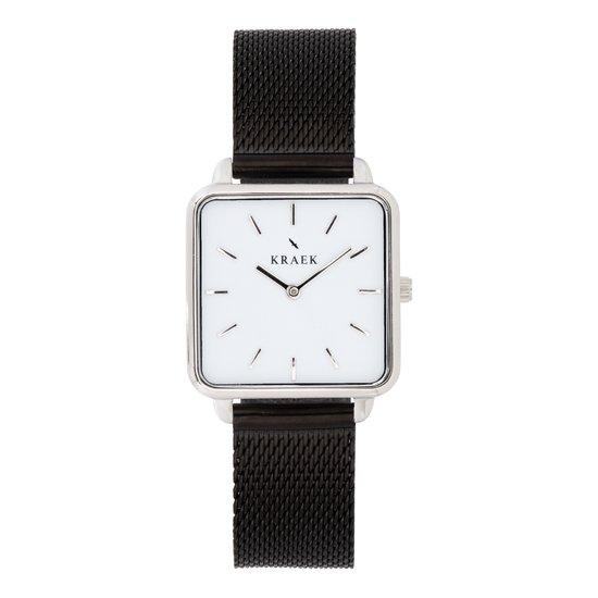 KRAEK Elsa Zilver Met Witte Wijzerplaat 28 mm | Dames Horloge | Zwart mesh horlogebandje | Vierkant | Minimaal Design