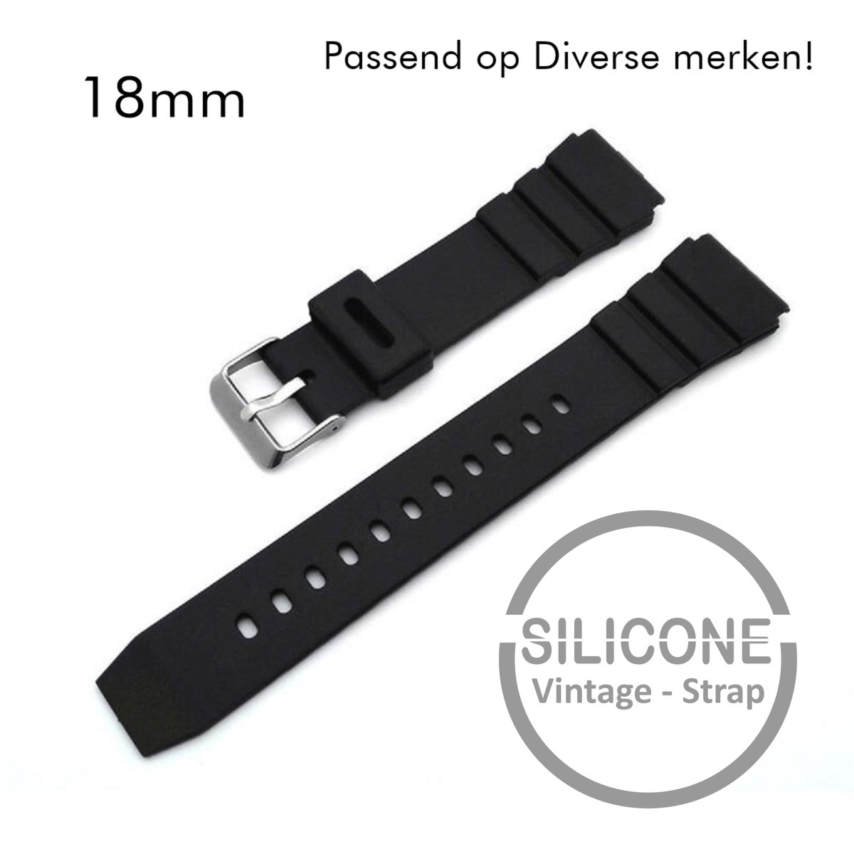 18mm Rubber Siliconen horlogeband zwart passend op Casio Seiko Citizen en alle andere merken 18 mm Bandje - Horlogebandje horlogeband - Merkloos