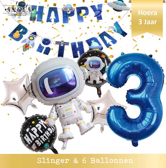Super Ballon Set van 7 inclusief Slinger Nummer 3 - 3 Jaar - Ruimte - Space - Raket - Astronaut - Slinger - Ballonnen - Galaxy - Happy Birthday Slinger + Balonnen en cijfer 3 Ruimtevaart - Space - Planeten - Versiering - Galaxy thema * Snoes