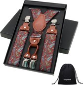 Luxe chique bretels – Rood paisley dessin – Sorprese – midden bruin leer – 4 stevige clips – bretels heren – unisex