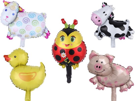 Ballonnen dieren - boerderij - 5 stuks - koe - schaap - varken - eend - lieveheersbeestje