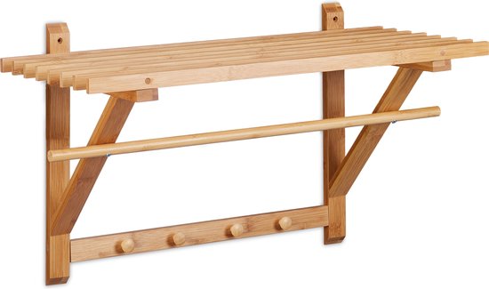 relaxdays Unité murale en bois de bambou salle de bain / cuisine - Armoire-penderie - Etagère 4 crochets à tige.