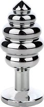 Segretoys - Metalen geribbelde butt plug - hoogglans zilverkleurig - donker roze ronde siersteen - klein