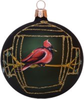 Groene Kerstballen met Rode Vogel en Gouden glitter decoratie - doosje met zes kerstballen van glas