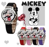 Horloge Mickey Mouse zwart lederlook bandje met strass