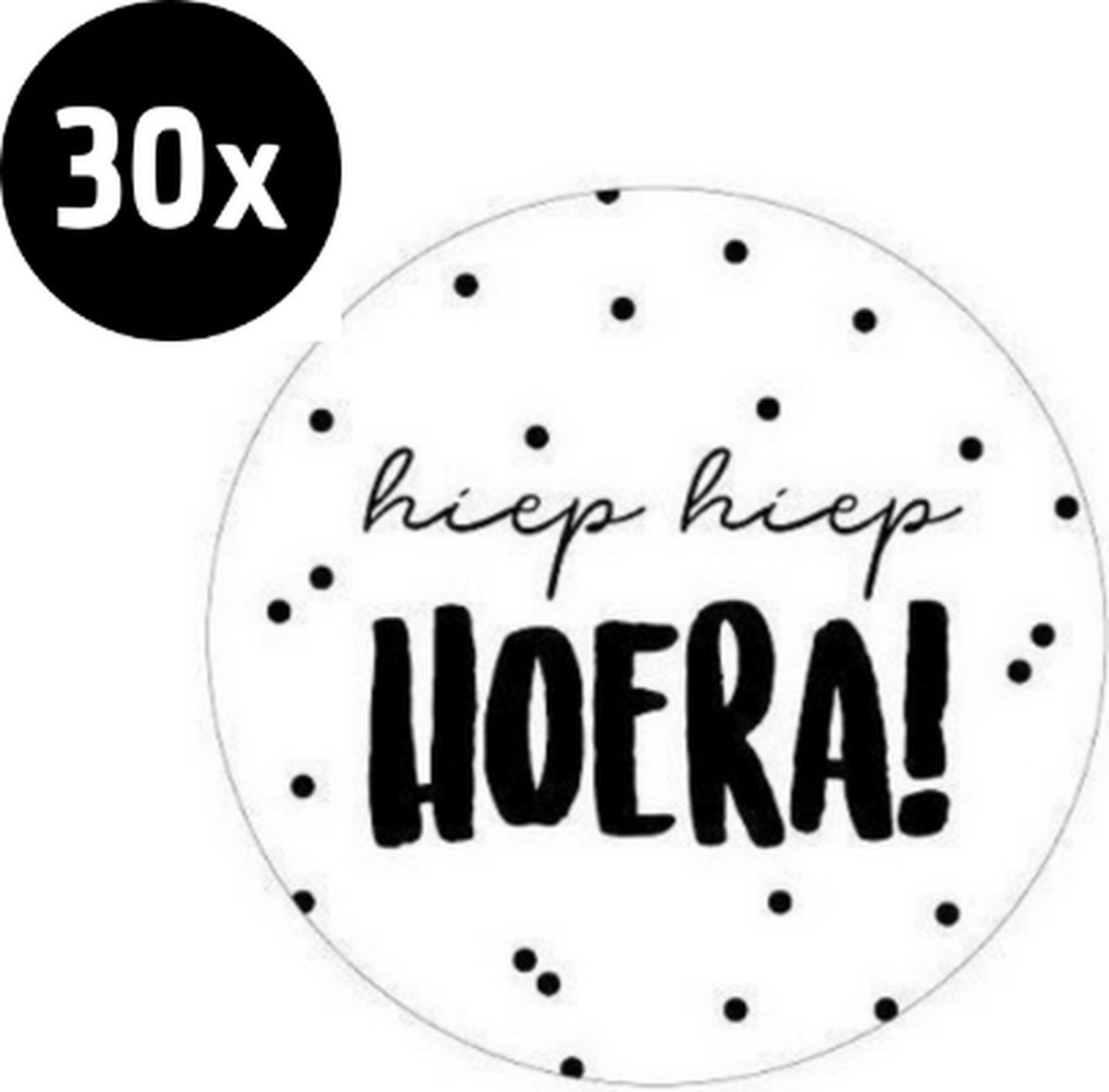 30x Sluitsticker Hiep Hiep Hoera! | Wit | Zwarte stippen | 40 mm | Sluitzegel Feest | Sluitsticker | Chique inpakken | Verjaardag - Traktatie - Verjaardag - Feest - Kinderfeest - Kinderverjaardag