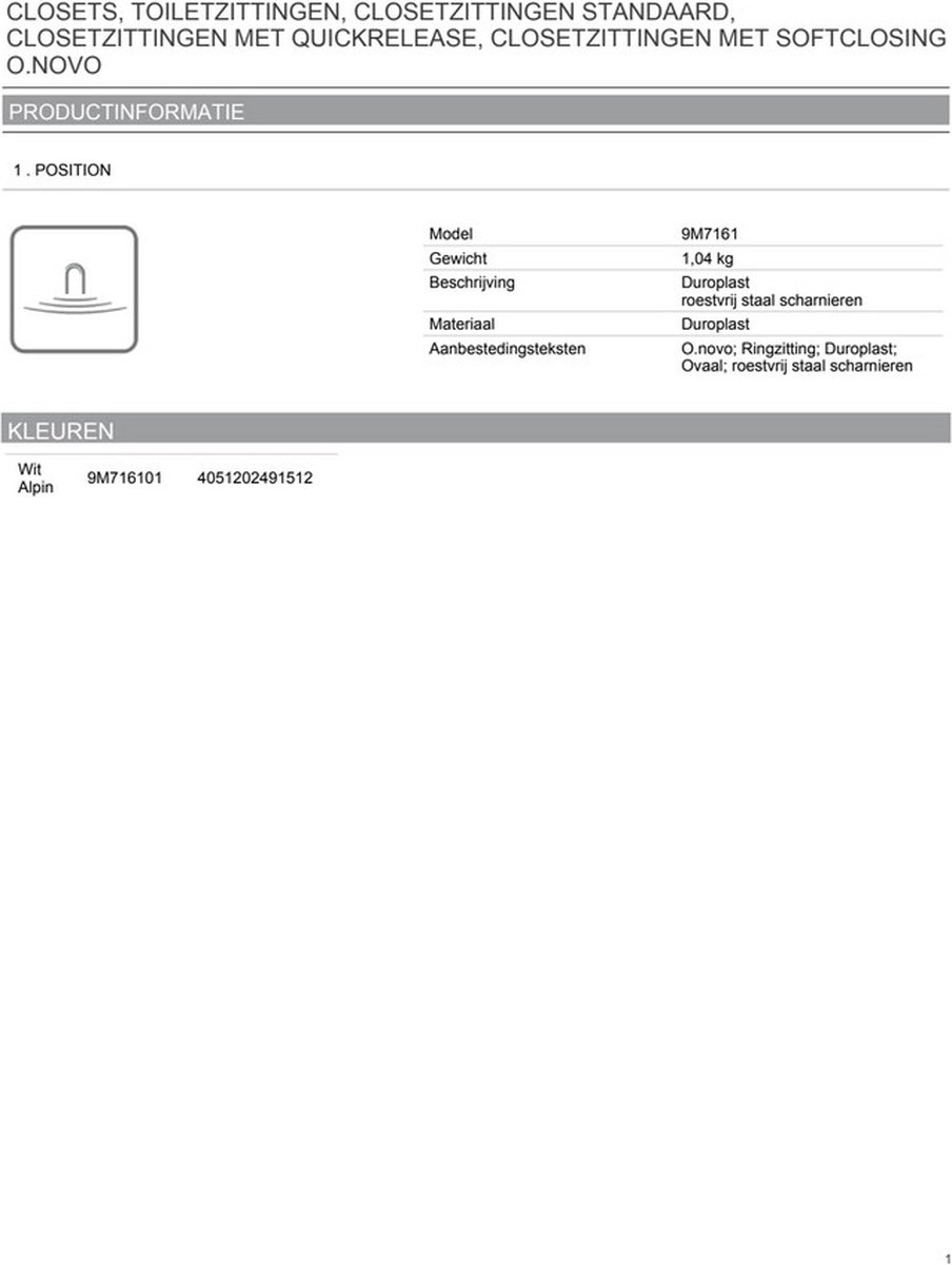 Villeroy & boch O.novo ringzitting ovaal roestvrij staal scharnieren wit