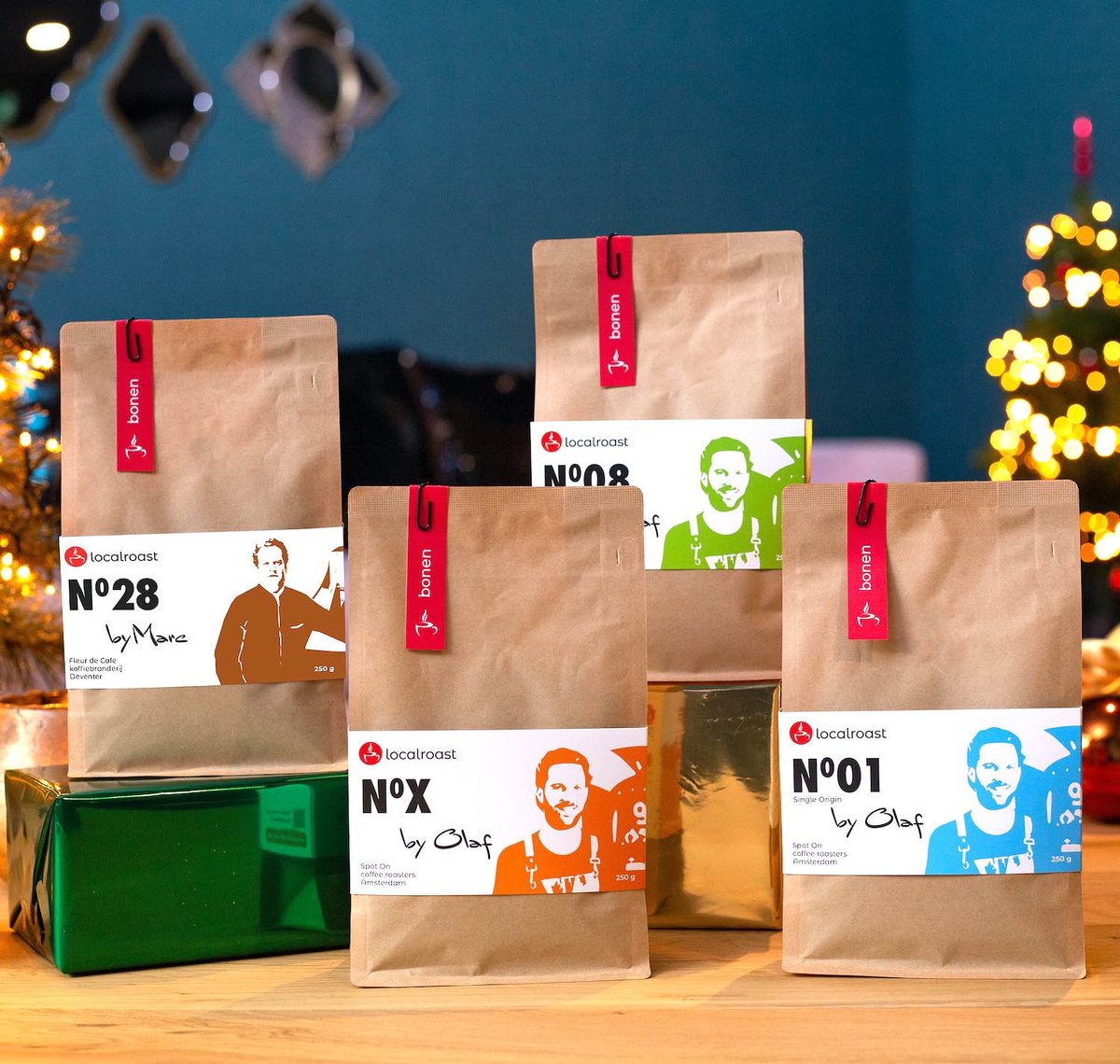 Localroast koffie proefpakket kerst cadeau met 4 x 250g vers gebrande koffies | Bonen | met kerstkaart | koffie cadeaupakket | koffie cadeau | voor koffieliefhebber